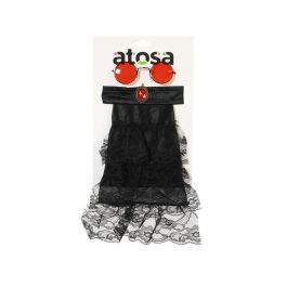 Disfraz de Vampiro - Pechera con Volantes Negros y Broche Rojo, Gafas Redondas Tintadas - Accesorio Halloween
