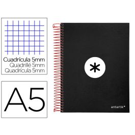 Cuaderno Espiral A5 Micro Antartik Tapa Forrada120H 90 gr Cuadro 5 mm 5 Bandas6 Taladros Color Negro