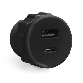 Herrajes Alk 721.38 TOP USB A+C Módulo Conexión USB Embutir Ø30mm Negro - Cargador 5.1V 2.1A para Cocinas, Oficinas y Muebles