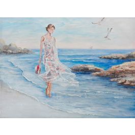 DKD Home Decor Cuadro Mediterráneo Pintado a Mano en Lienzo y Pino con Chica Playa Azul Beige 120x90x3.5 cm (2 Unidades) Precio: 92.50000001. SKU: S3018370