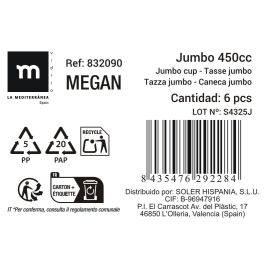 Prb Jumbo 450 ml 3 Dibujos Surtidos "Megan" M - La Mediterranea (36 Unidades) Prb Jumbo 450 ml 3 Dibujos Surtidos "Megan" M - La Mediterranea (36 Unidades)