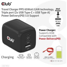 Club3D Cargador de viaje PPS GaN 65W, 2x USB-C + 1x USB-A, Carga Rápida PD 3.0 para Móviles y Portátiles, Negro
