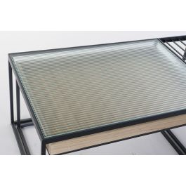 DKD Home Decor Mesa Centro Loft Natural Negro Metal Cristal Madera Bambú 60 x 45 x 110 cm Set de 2