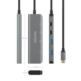 Aisens A109-0763 Hub USB-C 3.2 Gen1 5Gbps con 2 Puertos USB-A y 2 Puertos USB-C, Concentrador de Datos Gris 15cm