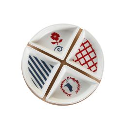 DKD Home Decor Set de Aperitivo Mediterráneo Casitas de Gres y Bambú Azul, Rojo y Blanco - Set de 5 Piezas 21.5x21.5cm Apto Lavavajillas