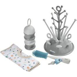 Beaba Set de Nacimiento: Escurridor Botellas Gris, Caja Dosificadora Leche, Cepillo Biberones Silicona y Babero de Tela Tropical