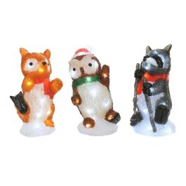 Lumineo Figuras de animales acrílicas LED para exterior, 20 LEDs, modelos surtidos (zorro, buho, mapache), IP44, luz fría, 13x10x24cm