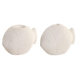 DKD Home Decor Hangzhou design 26b Portavela Mediterraneo Blanco Cemento 10 x 11 x 16 cm (4 Unidades) Simil Piedra con Detalle de Pez