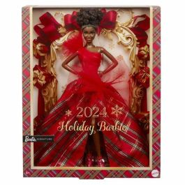 Barbie HRM62 Muñeca Colección Feliz Navidad Cabello Castaño, Vestido Rojo de Satén con Falda Cuadros y Lazo Grande