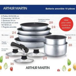 ARTHUR MARTIN AM167S Batería de cocina de 10 piezas - Aluminio - Manija extraíble - Todas las luces, incluida la inducción