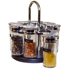Cook Concept Especiero con 8 Botes de Vidrio y Tapas de Doble Dosificado, Base Negra, Giratorio 19x20 cm