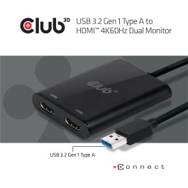 Club3D Adaptador USB-A 3.2 a HDMI 2.0 Dual Monitor 4K 60Hz - Conecta 2 pantallas 3840x2160, Plug & Play, Negro