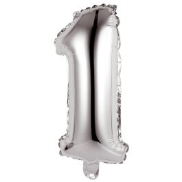 Party Time Globo Cifra 1 Plata 35 cm para aniversarios y cumpleaños, hinchable con aire o helio, reutilizable
