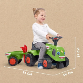 Falk 212C Tractor porta tractor Claas con remolque, pala y rastrillo para niños a partir de 1 año