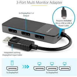 StarTech MST HUB Divisor 3 Puertos DisplayPort 1.4 a 3x DisplayPort, 8K Ultra HD, Alimentado por USB, Compatible con Windows