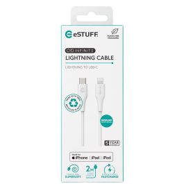 eSTUFF Cable USB-C a Lightning INFINITE Super Suave 2m Blanco - 100% Plástico Reciclado, Certificado MFI, Duradero