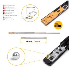 Emuca Lote de 5 juegos de guías para cajones, de bolas, altura 45mm, profundidad 550mm, extracción total, cierre suave, Negro