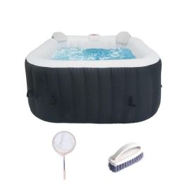 KIT SPA TODO INCLUIDO y accesorios: Spa hinchable cuadrado de 4 plazas con 2 reposacabezas, filtro, red, cepillo, colchoneta, funda