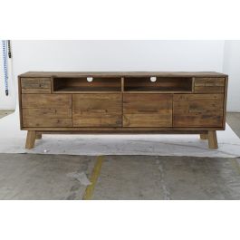 DKD Home Decor Mesa TV de Pino Natural Colección Alpino Chiara Envejecido 180x48x65 cm con 2 Cajones y 4 Puertas
