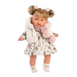 Muñeca Joelle llorona con chupete, vestido hadas, chaleco blanco y bufanda 38 cm