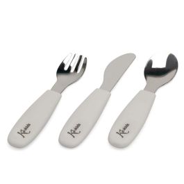 KioKids Set Cubiertos Infantiles Acero Inoxidable y Silicona, Mangos Antideslizantes, Bordes Redondeados, Lavavajillas, Gris, +6 meses, 14 cm