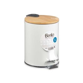 Berilo Papelera de Metal con Tapa de Bambú 3L Blanca - Cubo de Basura 22.5 x 23.5 x 17 cm (4 Unidades)