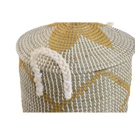 DKD Home Decor Cesta Boho de Seagrass y Algodón Hecha a Mano Coral Amarillo 41x57x41 cm Set de 2
