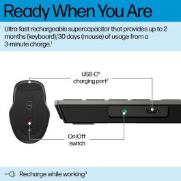 HP 725 Combo Teclado y Ratón Inalámbrico Recargable Multi-Dispositivo, Carga Ultra-Rápida y Conexión Fluida