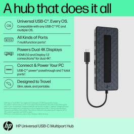 HP Universal USB-C Multiport Hub con 7 Puertos, Passthrough de Datos y Alimentación, Soporte Dual 4K HDMI 2.0 y DisplayPort 1.2 para PC