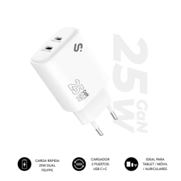 Subblim SUBCHG-6G2520 Cargador GaN 25W Doble Puerto USB-C Carga Rápida PD 3.0 PPS Ultra-Compacto Blanco Universal para iPhone, iPad, Samsung Galaxy, Pixel