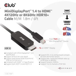 Club3D CAC-1187 Cable Mini DisplayPort 1.4 a HDMI 2.1 Macho/Macho 1.8m, Soporta 8K@60Hz/4K@120Hz, HDR, HDCP