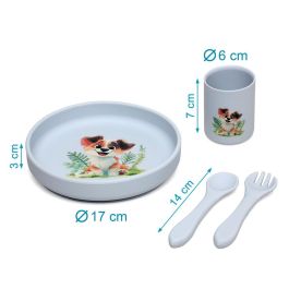 KioKids Vajilla de Silicona con Ventosa para Bebé Lovely Friends, Plato, Vaso y Cubiertos, Kit BLW, Azul, +6 Meses, 100% Grado Alimenticio, Lavavajillas, Microondas