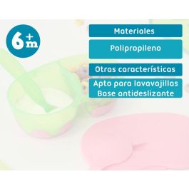KioKids Cuenco Doble Antideslizante con Tapa y Cuchara para Bebé, Rosa y Verde, +4 Meses, Gran Capacidad