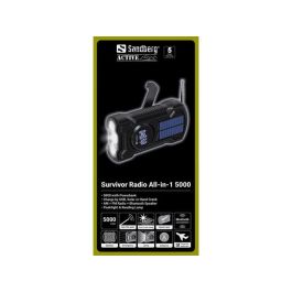 Sandberg Survivor All-in-1 5000 Powerbank, Altavoz Bluetooth, Radio AM/FM, Linterna y Lámpara de Lectura con Carga Solar/Manivela