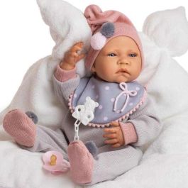 Berjuan Muñeco New Born Niña 45 cm con Pijama de Lana Gris, Babero y Almohada Blanca para +3 Años