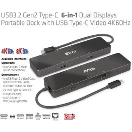 Club3D USB-C 6in1-HUB >HDMI/2xUSB-C/2xUSB/LAN 8K30Hz PD100W Hub USB-C portátil con HDMI 4K60Hz, 2xUSB 3.2, 2xUSB-C y Ethernet Gigabit, carga PD 100W
