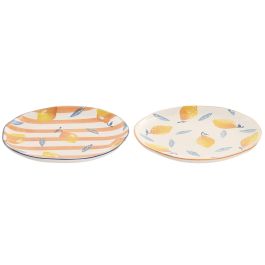 DKD Home Decor Plato Mediterraneo Limones 25 Gres Azul Amarillo 27x2.7x27 cm (2 Unidades)