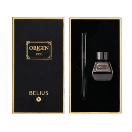 Belius Origen 1995 Pluma Estilográfica y Tinta Negra, Aluminio Cepillado Negro, Sistema Embolo, Grosor M, Caja Regalo