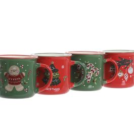 DKD Home Decor Mug Taza de Navidad Tradicional Porcelana 365ml Verde Rojo Apto Microondas y Lavavajillas Set de 12 Unidades