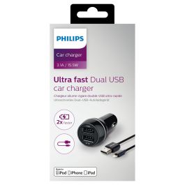 Philips Cargador de Coche Dual 15W con Cable Apple Lightning MFI DLP2357V/10