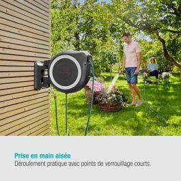 Gardena Enrollador de manguera automático de pared RollUp M/L 25 m x 13 mm con sistema antibloqueo, giro 180° y kit listo para usar, borde blanco