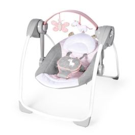 Ingenuity Columpio compacto Ingenio Flora con 6 velocidades, 12 melodías, barra de juegos y reposacabezas de unicornio para bebé niña