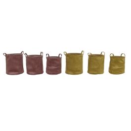 DKD Home Decor Cesta Básicos de Poliéster en Colores Mostaza y Terracota, Set de 3 Piezas, 38x38x40 cm (Pack de 2 Unidades)