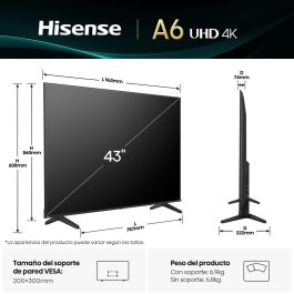 Hisense 43A6Q Televisor Smart TV 43" 4K Ultra HD VIDAA Alexa, Dolby Vision, Modo Juego Plus, Wi-Fi Negro