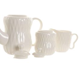 DKD Home Decor Tetera Colección Pengjia 25 Blanco Marron Oscuro Porcelana Bambu 25 x 18 x 28 cm Set de 4