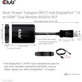 Club3D CSV-7200H Multi Streaming Transport Hub DisplayPort a 2x HDMI, Adaptador de Vídeo USB con suministro de corriente