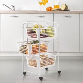 Metaltex San Diego - Carrito Auxiliar Multiusos de Metal con 3 Cestos Extraíbles, 4 Ruedas, Color Blanco, 30 x 38 x 68 cm