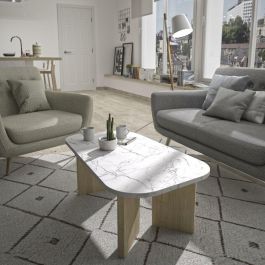 Diagone Mesa de centro QUARTZ1E76070 ovalada imitación mármol blanco patas gruesas roble 105 x 58 x 39 cm