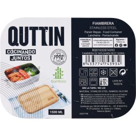 Quttin Fiambrera Rectangular de Acero Inoxidable con Tapa de Bambú, 1500 ml, 20.5 x 15 x 7.7 cm