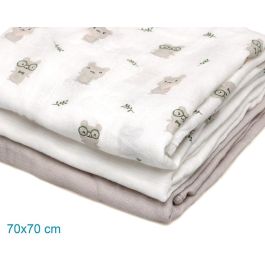 Set De 3 Muselinas Gris, Blanco Y Estampado Ratoncitos 70x70 cm